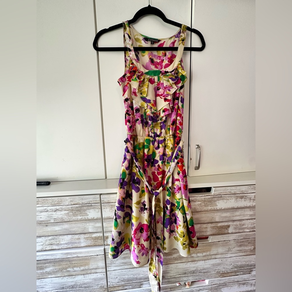 🌸 Express Floral Sleeveless Sundress XS Ruffle Neck Tie Waist